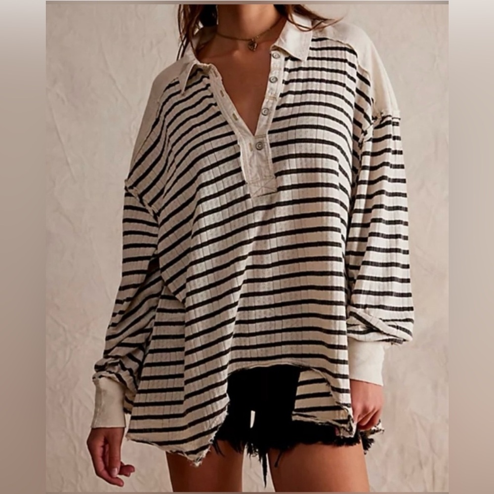 EUC Free People All For You Polo Black and Cream Striped Top
